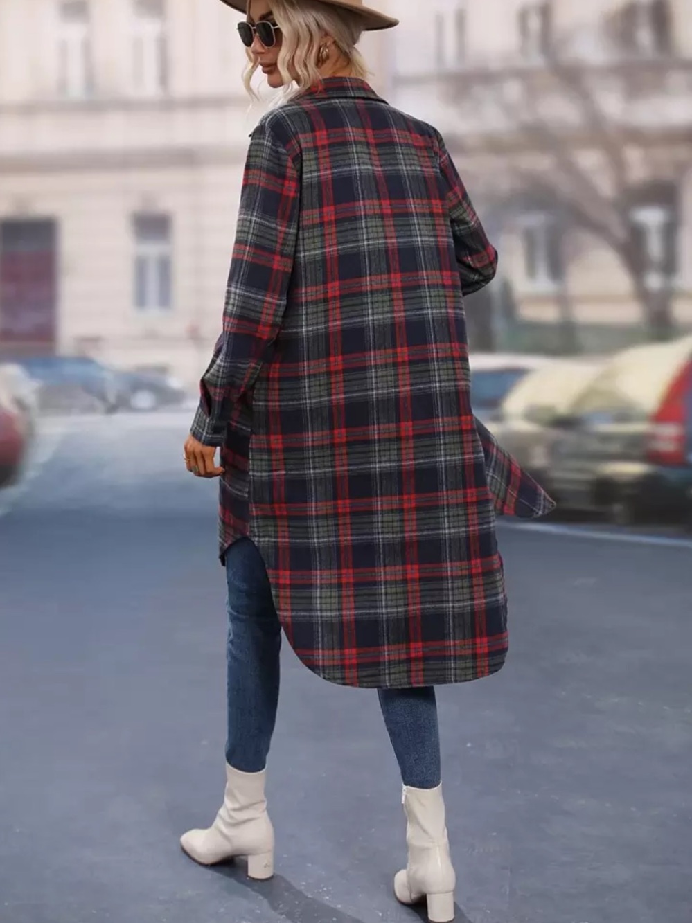 SHEIN Red and Black Plaid Longline Button-Up Shirt Dress